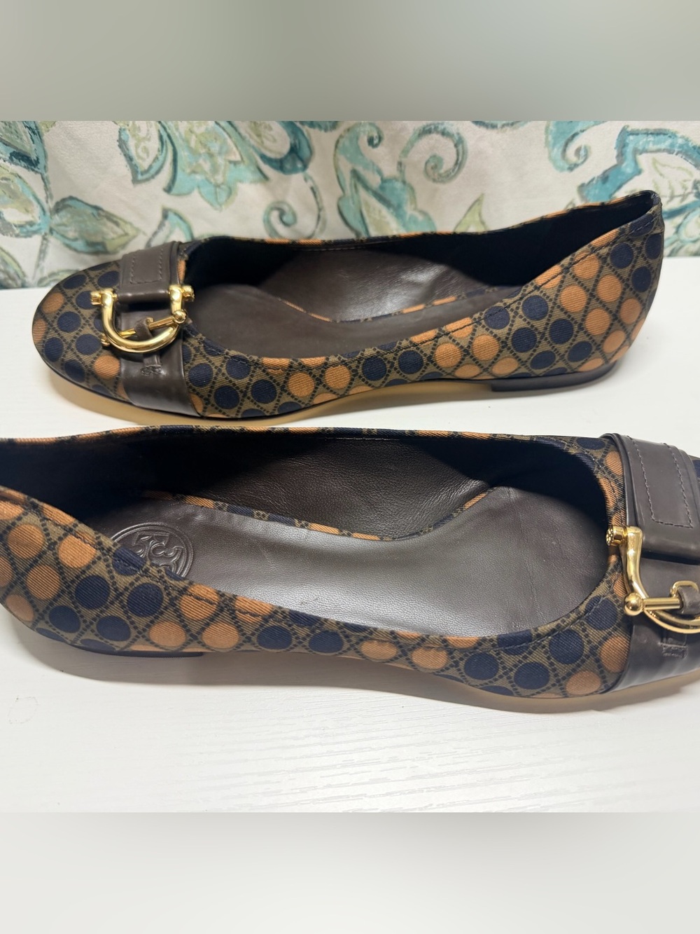 Tory Burch Brown and Navy Patterned Loafers with Gold Hardware - Picture 6 of 6